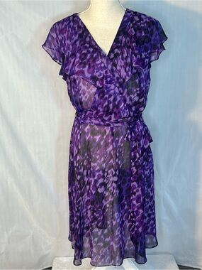 MSK Dress Purple Print Very Shear Chiffon Cap Sleeves Faux Ruffle Wrap Belt S 👍